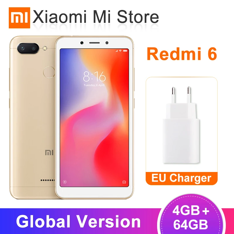 Xiaomi Redmi 6 с глобальной версией, 4 ГБ, 64 ГБ, Helio P22, Восьмиядерный процессор, 12 Мп+ 5 МП, две камеры, 5,45 дюйма, 18:9, полный экран, 3000 мАч, мобильный телефон