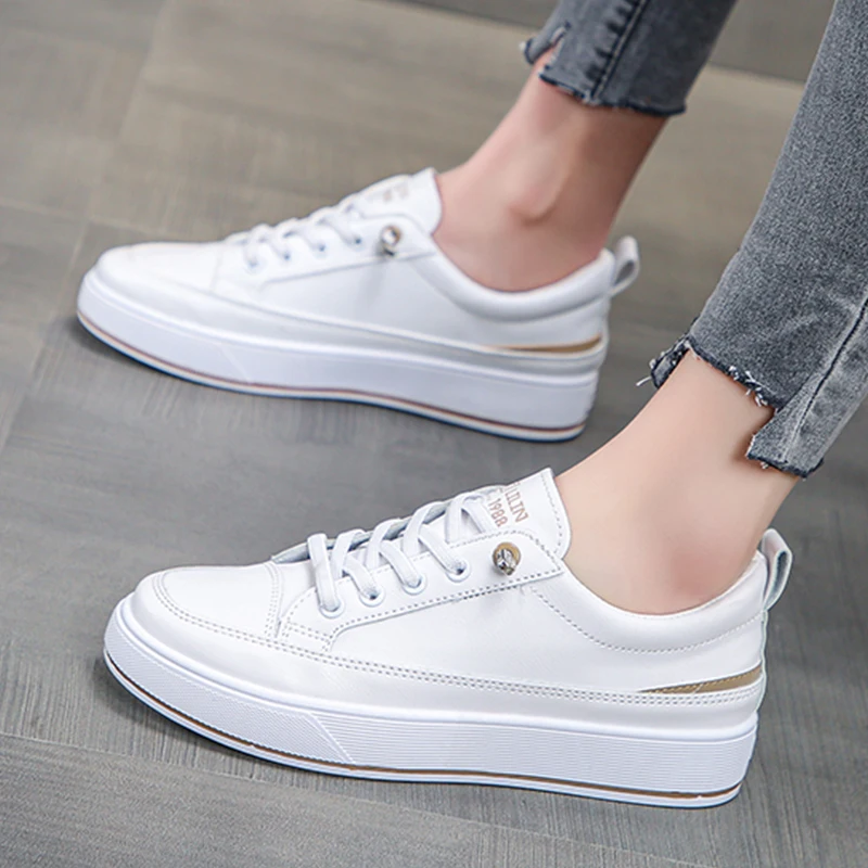 

Ladies White Sneakers Women 2021 New Flat Leather White Shoe Woman Spring Fashion Vulcanized Sports Shoe basket zapatillas mujer