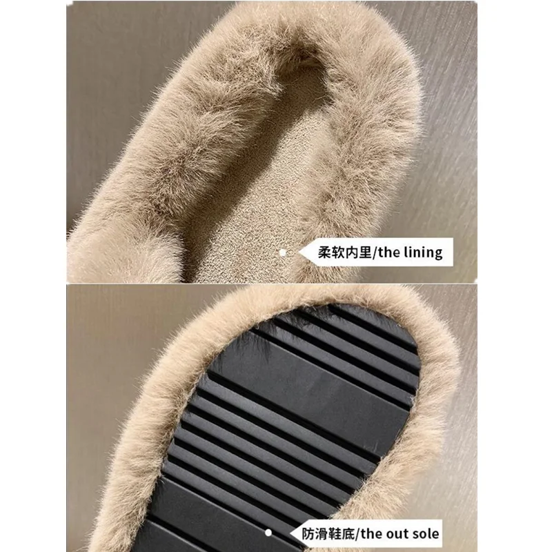 

Winter Women House Furry Slippers Fashion Faux Fur Warm Shoes Women Slip on Flats Female Home Slides Black Plush Slippers