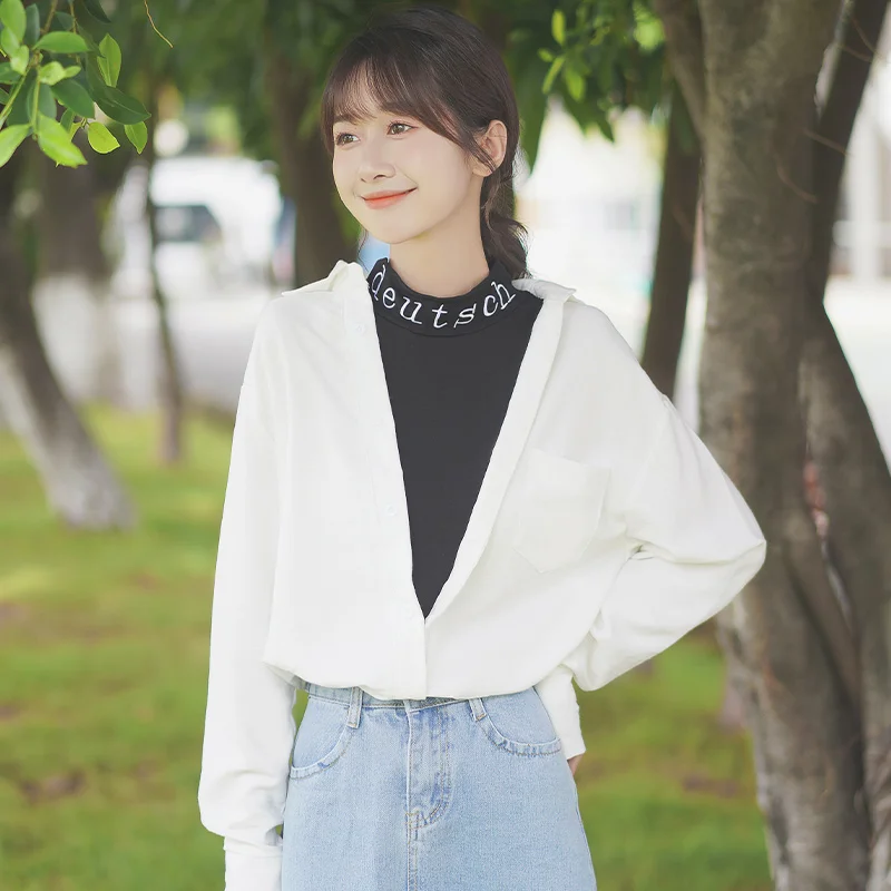 

Chic Khaki Autumn and Winter 2020 New Fake Two Pieces Shirts Women's Long-Sleeved Letter Student Inner Half Turtleneck Bottoming