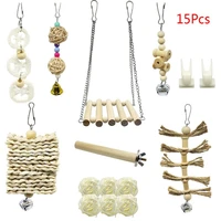 15pcsset pet parrot wooden swing chewing toys hanging bell stand perch training entertainment for small parakeets cockatiels