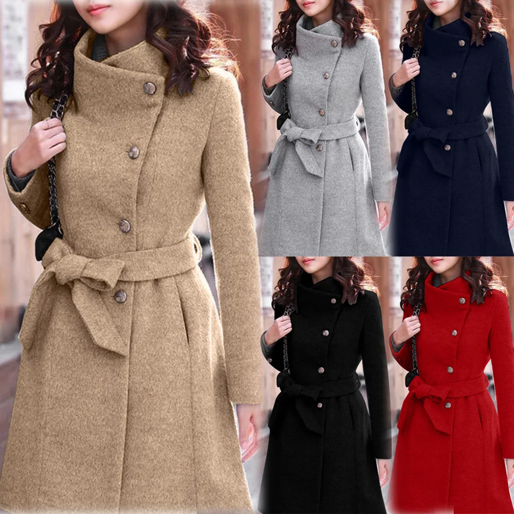 Women Classic Trench Coat 2019 Autumn Winter Fashion Wool Single Breasted bandage Solid Slim Plus Size Wind abrigo mujer |