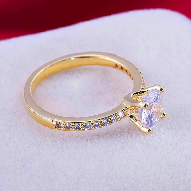 Роскошные женские кристально-белый циркон кольцо Классические желтые золотые