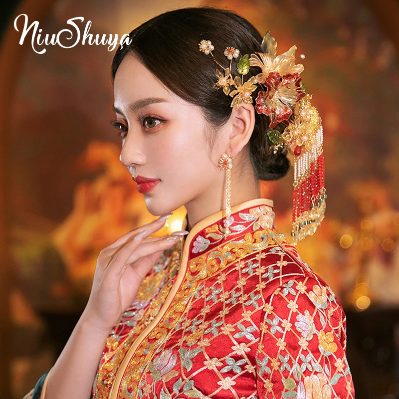 Украшение для волос NiuShuya, в китайском стиле, для невесты, украшение для волос, Цветочная заколка с серьгами, свадебные аксессуары