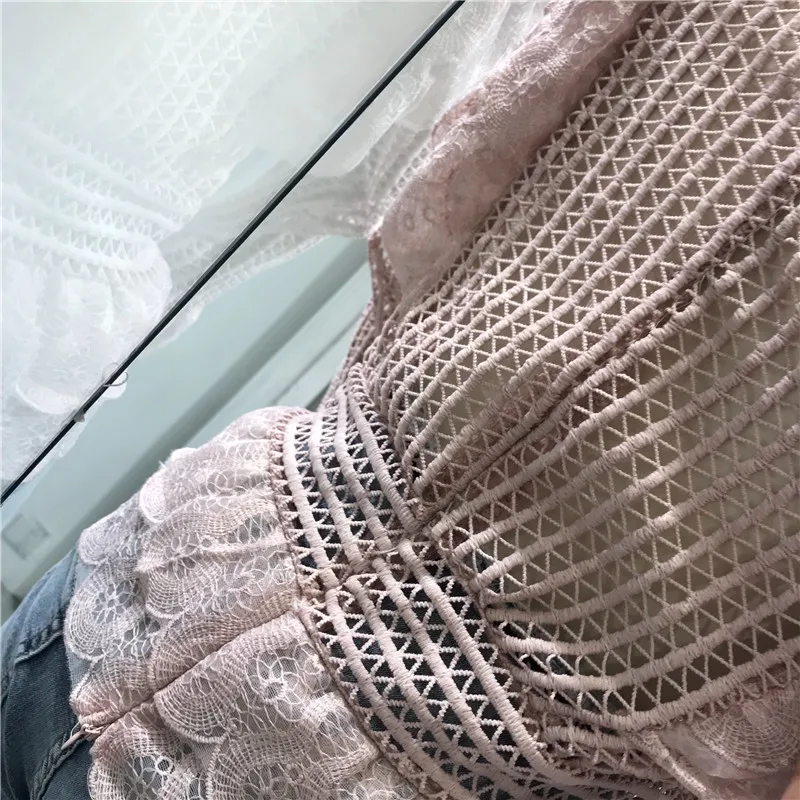 

BornSra Runway Women Pink Layers Ruffles Shirt Blusas Spring Fashion Lace Hollow Out Ladies V Neck Blouse Slim Flare Sleeve Top