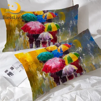 BlessLiving Colored Umbrella Pillowcase Rainy Day Pillow Case Oil Painting Printed Bedding 2pcs Modern Art Pillow Cover 50x75cm 1