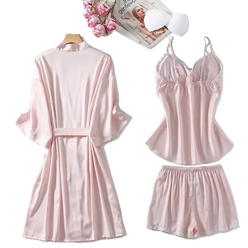 

Satin 3PCS Sleep Sets Pyjamas Femme Lace Pajamas Suit Women V-Neck Home Clothes With Shorts Intimate Lingerie Kimono Robe Gown