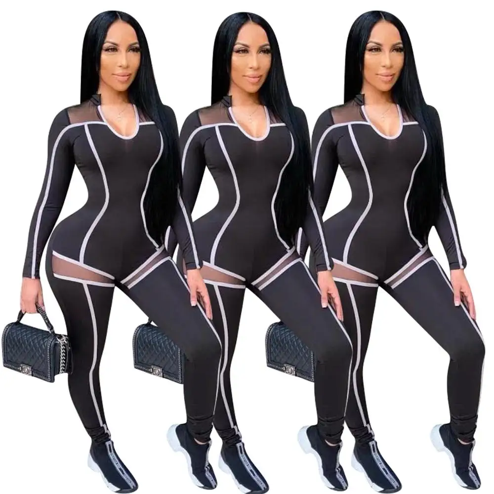 

Solid Color Line Joint Mesh See-Through Round Neck Long Sleeve Bodycon Jumpsuit Women Winter Sexy Skinny Rompers