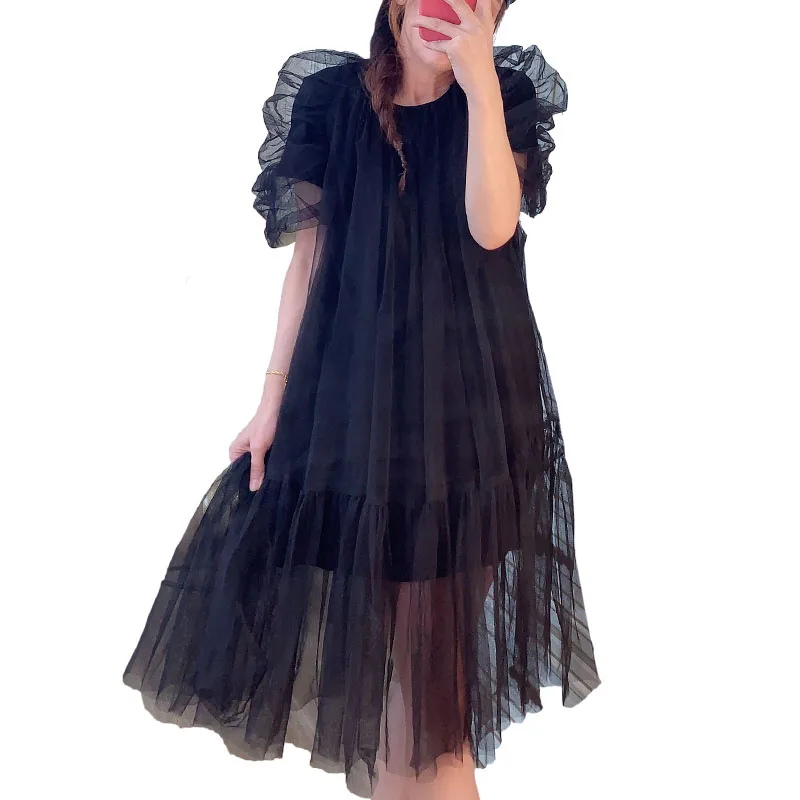 

Sweet Solid Black Fake Two-Piece Puff Sleeve Dresses Women Mesh A-Line Knee-Length Dress