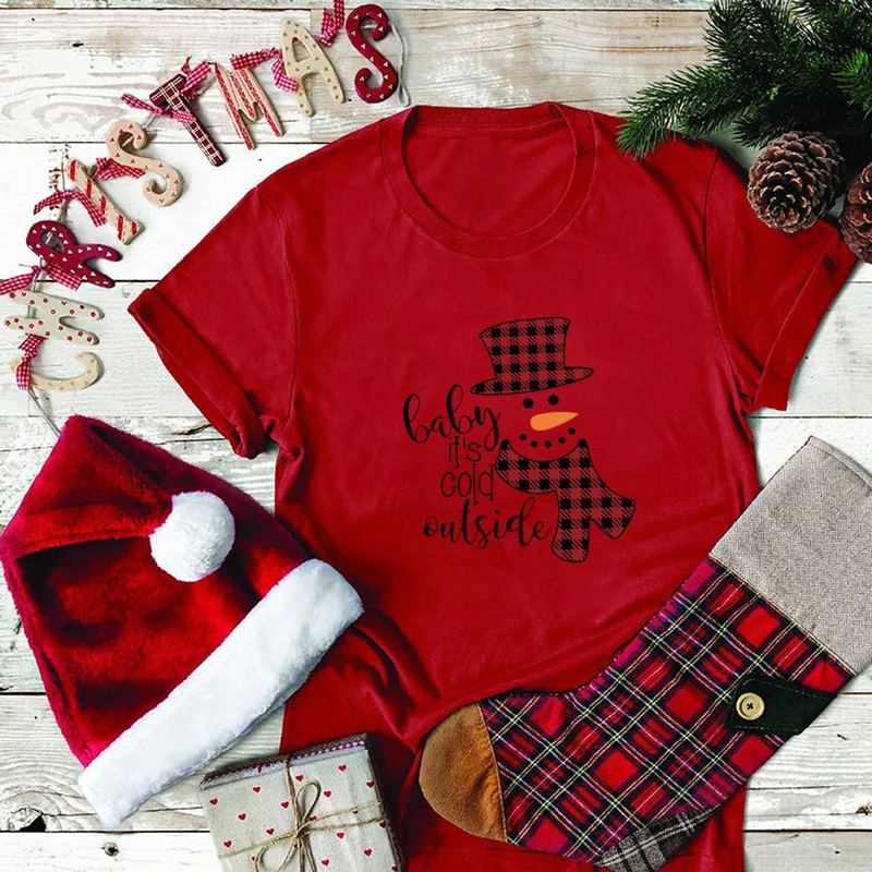 

Baby It's Cold Outside Snowman Print Christmas T Shirt Plus Size S-5xl Loose Crew Woman Tshirts Christmas Gift for Lady Tops