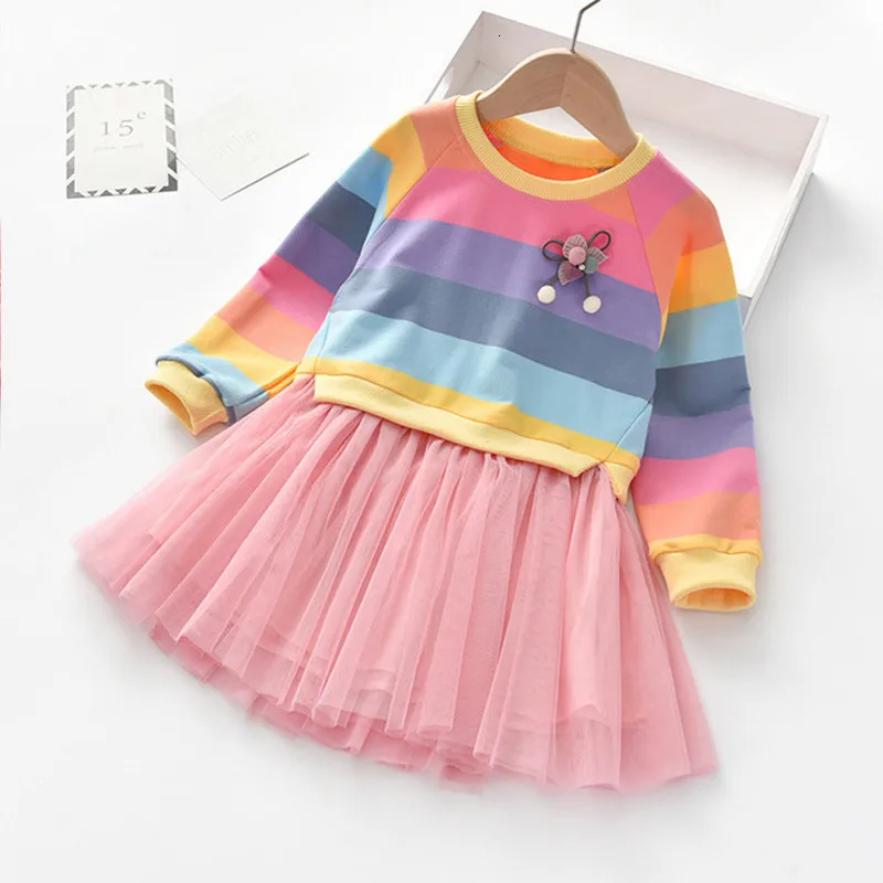 2021 Girls Spring and Autumn Dresses Children's Long Sleeve Striped Colorful Rainbow Princess Cute Party Dress for Kids | Детская