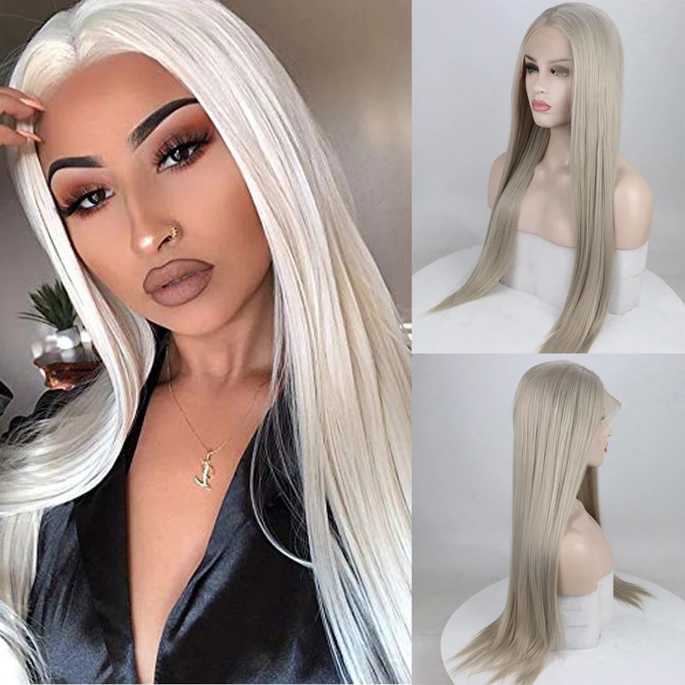 Прямой термостойкий синтетический парик из пепельного шелка светлого цвета