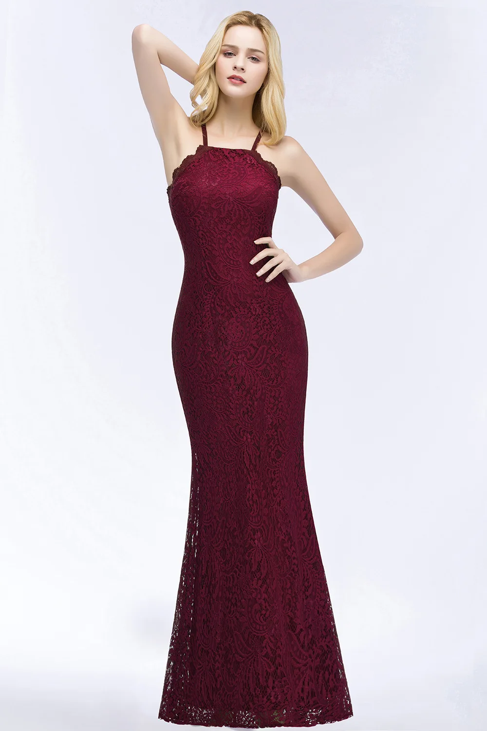 

Babyonlinedress Nieuwe Burgundy Lace Mermaid Prom Jurken Lange Sexy Backless Party Jurken Met Criss-Cross Spaghetti Strap