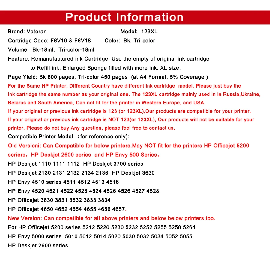 Картридж Veteran 123XL с черными чернилами для замены картриджа hp 123 xl Deskjet 1110 2130 2132 2133 2134