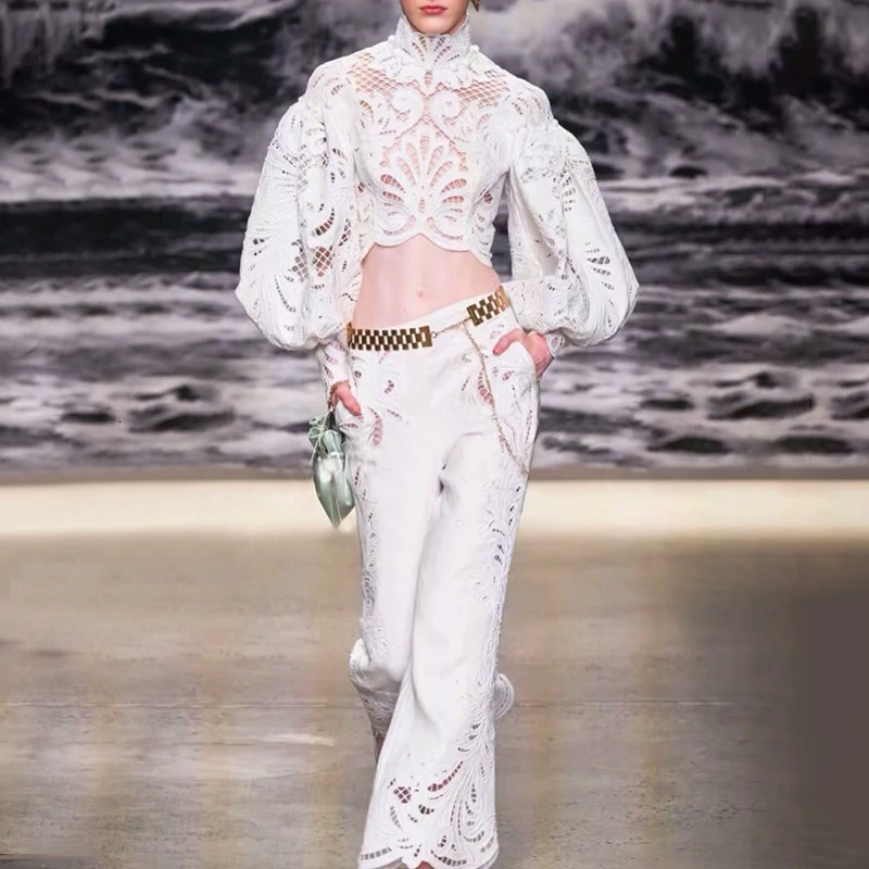 Женские брюки набор вышивка фонарь рукав выдалбливают обрезанный Топ и высокая