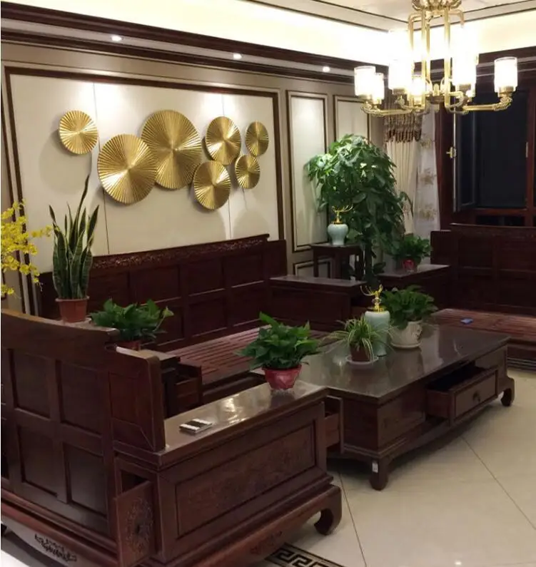 

New Chinese Luxury Wall Hanging Round Gold Ornaments MDF Wooden Material Wall Accessories Home Sofa Wall Mural Decoration Crafts