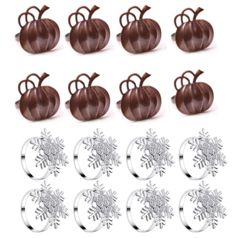 

16 Pieces Napkin Ring Holders Set Pumpkin Snowflake Napkin Rings For Thanksgiving Halloween Christmas Dinner Party