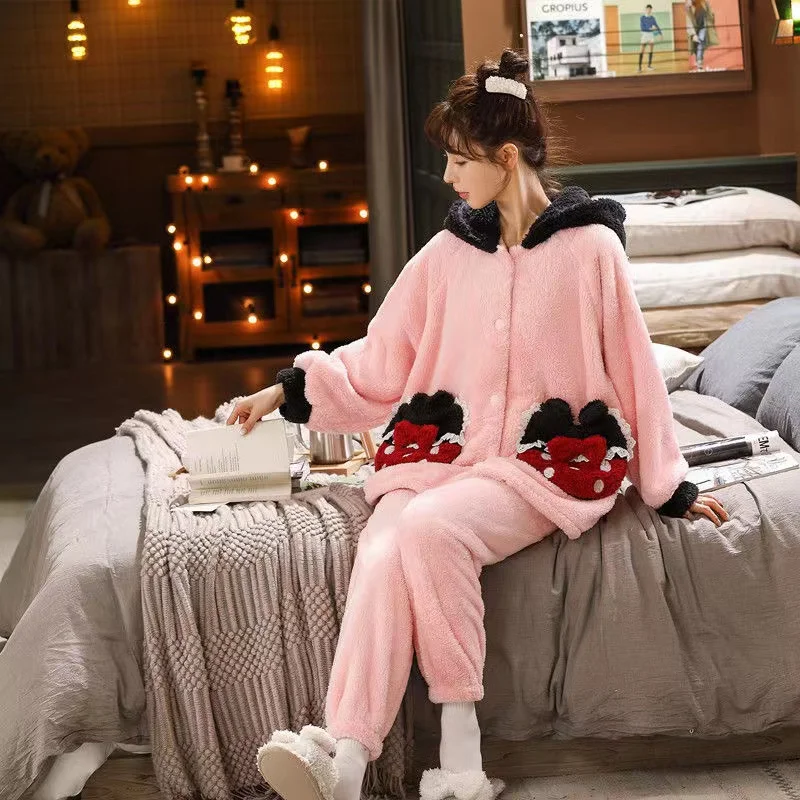 Winter Pajamas Sets For Women Flannel Thick Hooded Nightgown 2 Pieces/Set Coral Velvet Sleepwear Long Sleeve Pyjamas Suits