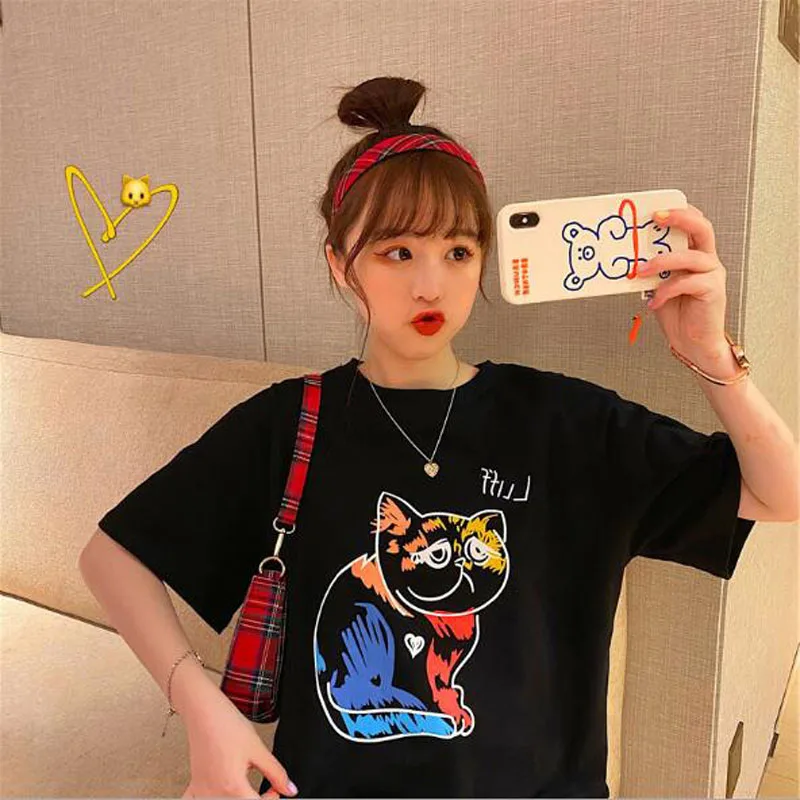 Сезон весна-лето Новая футболка для женщин в стиле граффити с принтом Кот