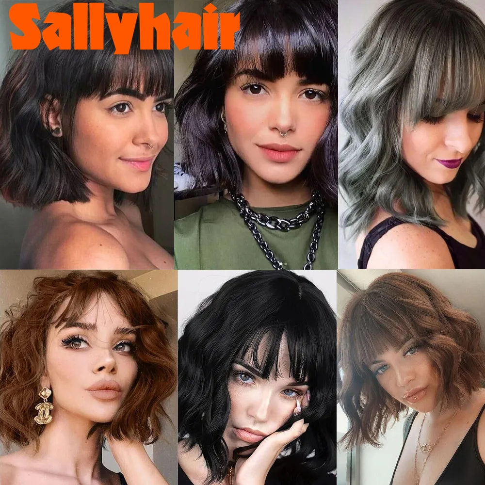

Sallyhair Short wavy Bob Wig Synthetic Fashion Orange Hair With Bangs Colorful Hair For Women Daily Cosplay Party Use