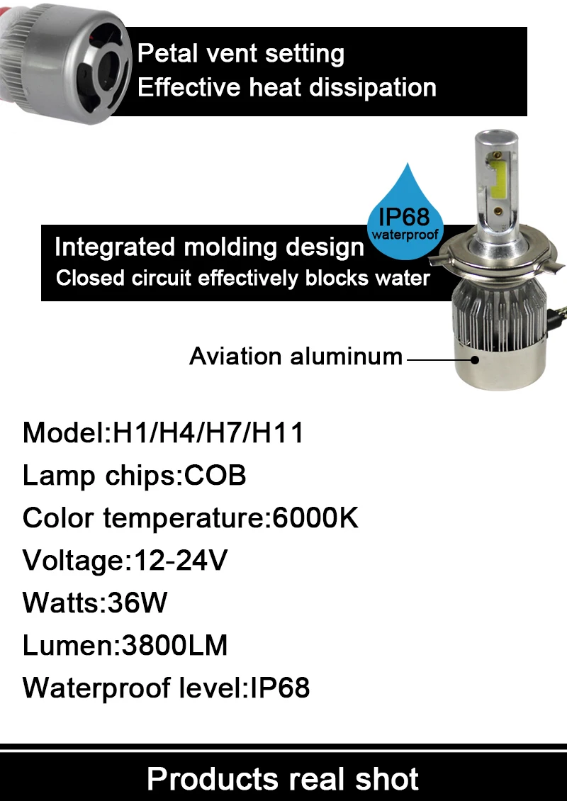 H 1 4 7 11 LED Cars Headlights Bulb 36W Waterproof 6000K COB Autos Lamp 3800LM 12-24V Personality modeling Light