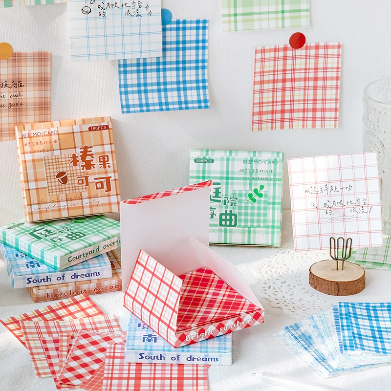 

100 Sheets Cute Plaid Grid Memo Pad Decoration Material Paper Message Notes DIY Scrapbook Journal Collage Notepad Stationery