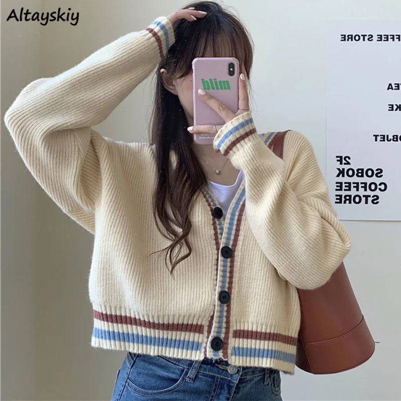 

Women V-neck Cardigan Loose Striped Soft Knitting Beige Slouchy Jumpers Japanese Style Trendy Sweaters Crop Top Teenager Popular