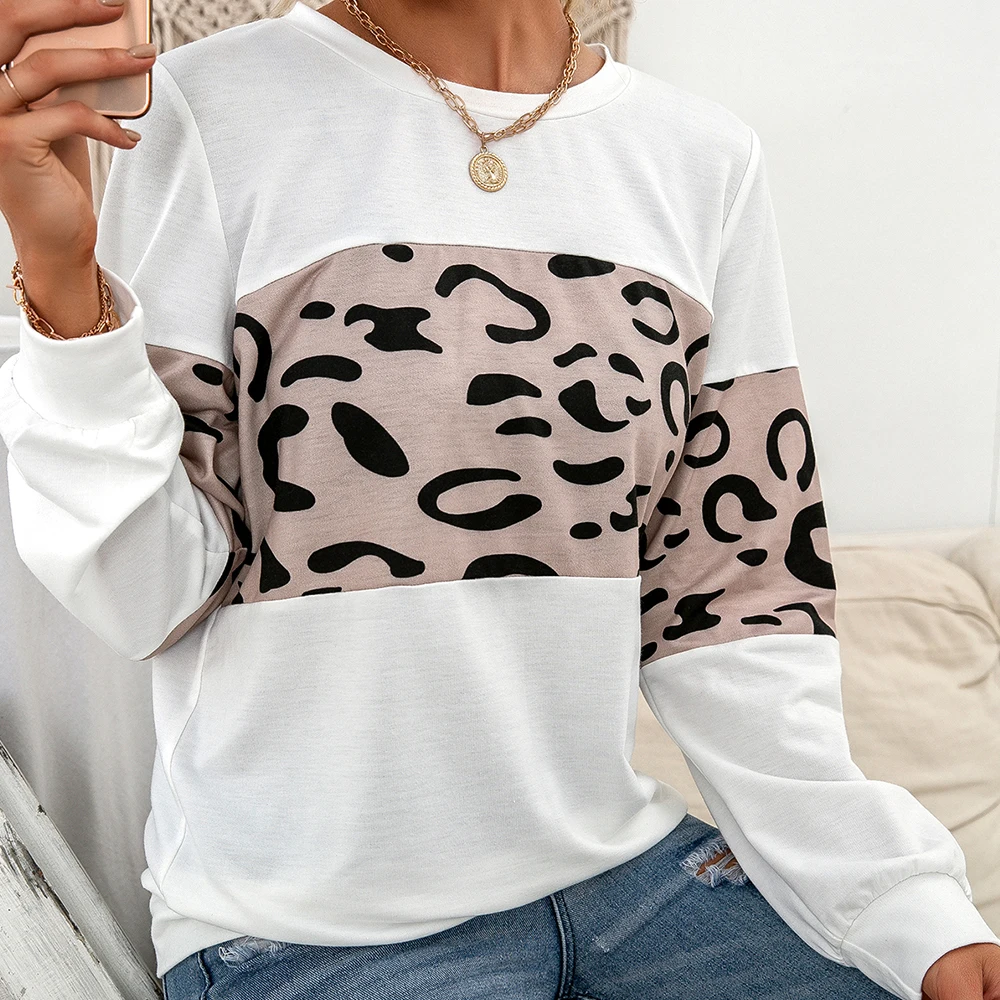 

Women Color Block Sweater Adults Casual Leopard Print Long Sleeve Round Neck Sweatshirt