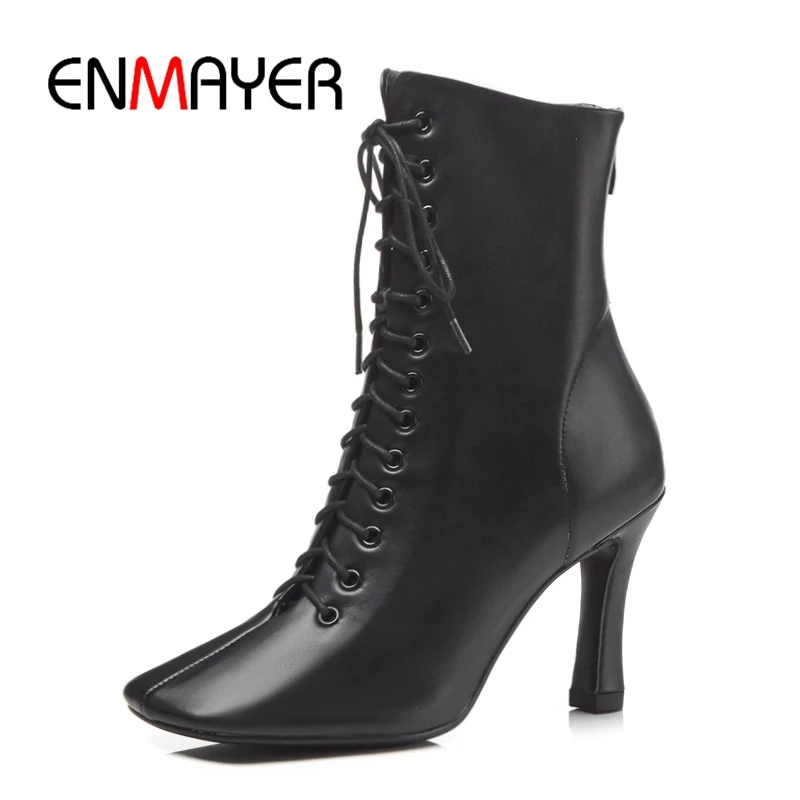 

ENMAYER/женские ботильоны короткие ботинки женские ботинки на шнуровке на тонком каблуке ботинки на высоком каблуке однотонные женские Ботинк...