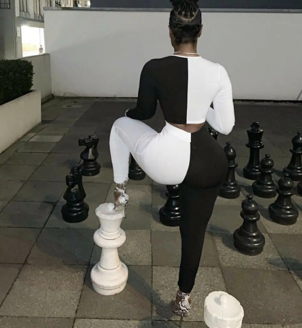 

Women Two Piece Set Casual Office Lady White And Black t-Shirt Long Pants Party Clubwear Outfit 2pcs Set