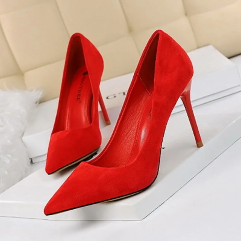 

Spring and Autumn New Ladies High Heels Fashion Sexy Simple Fine with Suede Shallow Mouth Pointed Women's Shoes Large Size
