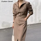 Шикарное элегантное платье-карго, женское облегающее платье с длинным рукавом, карманами и высокой талией, Женская деловая винтажная модельная длинная одежда, весна