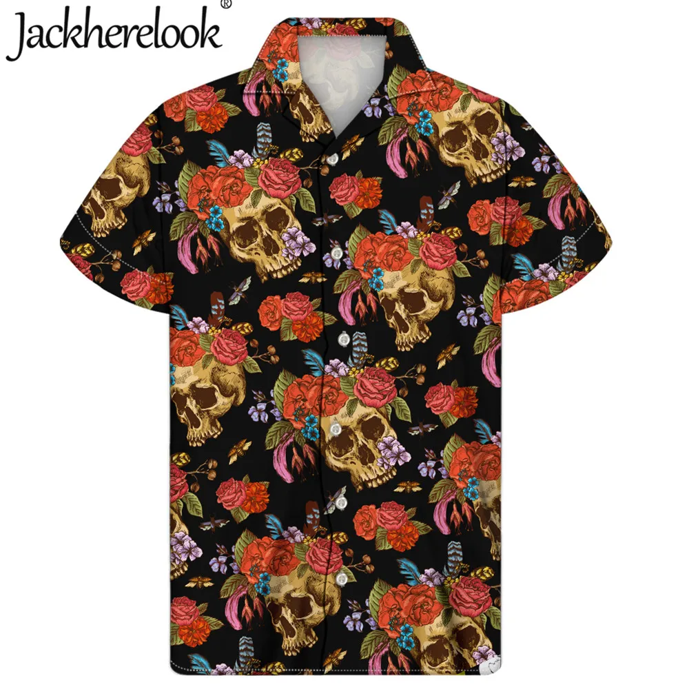 

Jackherelook Rose Sugar Skulls Brand Designer Men's Gothic Top Shirts Men Summer Beach Cuban Guayabera Clothes Chemise Homme