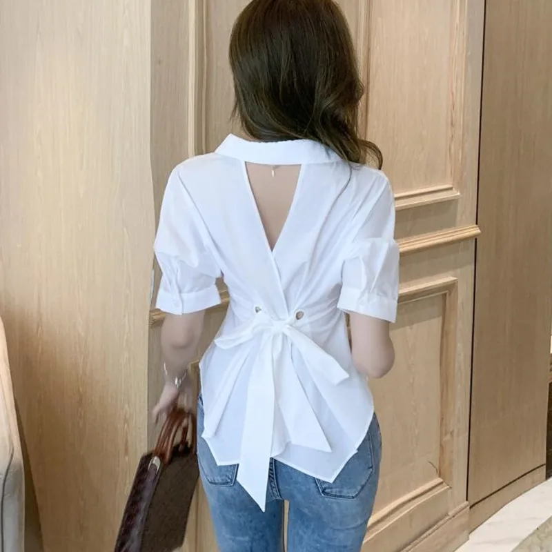 

#8343 White Chiffon Shirt Women Short Sleeves Backless Sexy Short Shirt Femme V Neck Slim Irregular Basic Shirt Female Summer