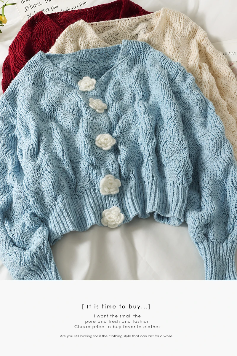 

2021 autumn new three-dimensional flower sweet long-sleeved sweater Korean version of thick wool loose cardigan top tide