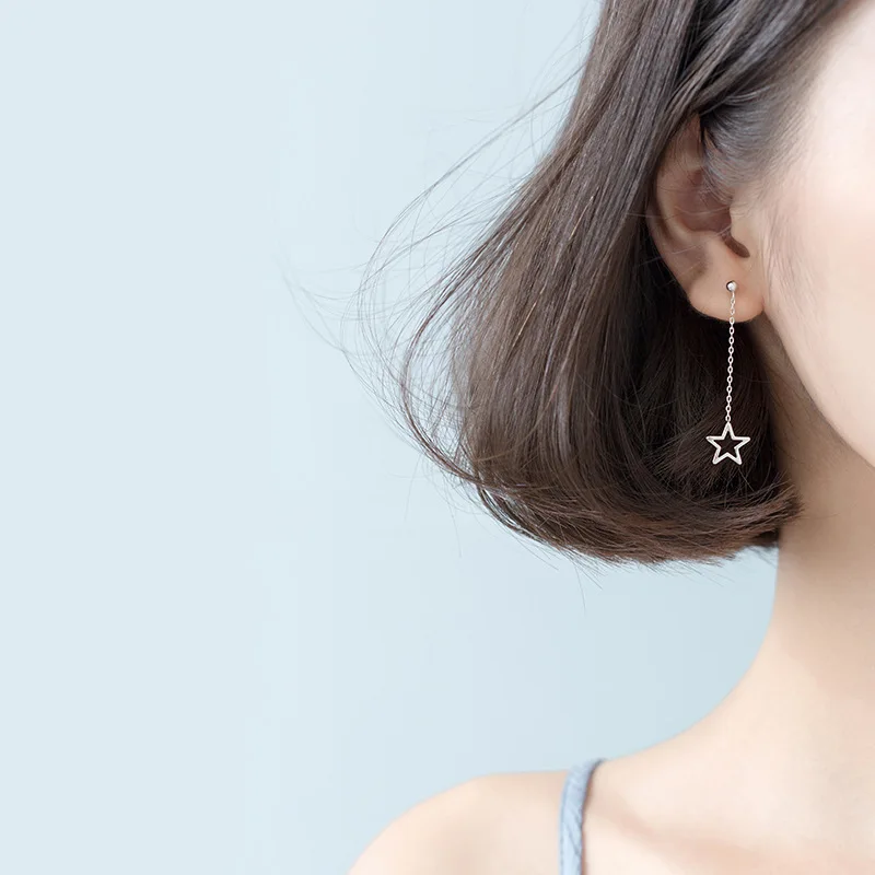 100% 925 Sterling Silver Delicate Star Pendant Earings Long Chain Hanging Ear Dangle Drop Earrings for Women | Украшения и