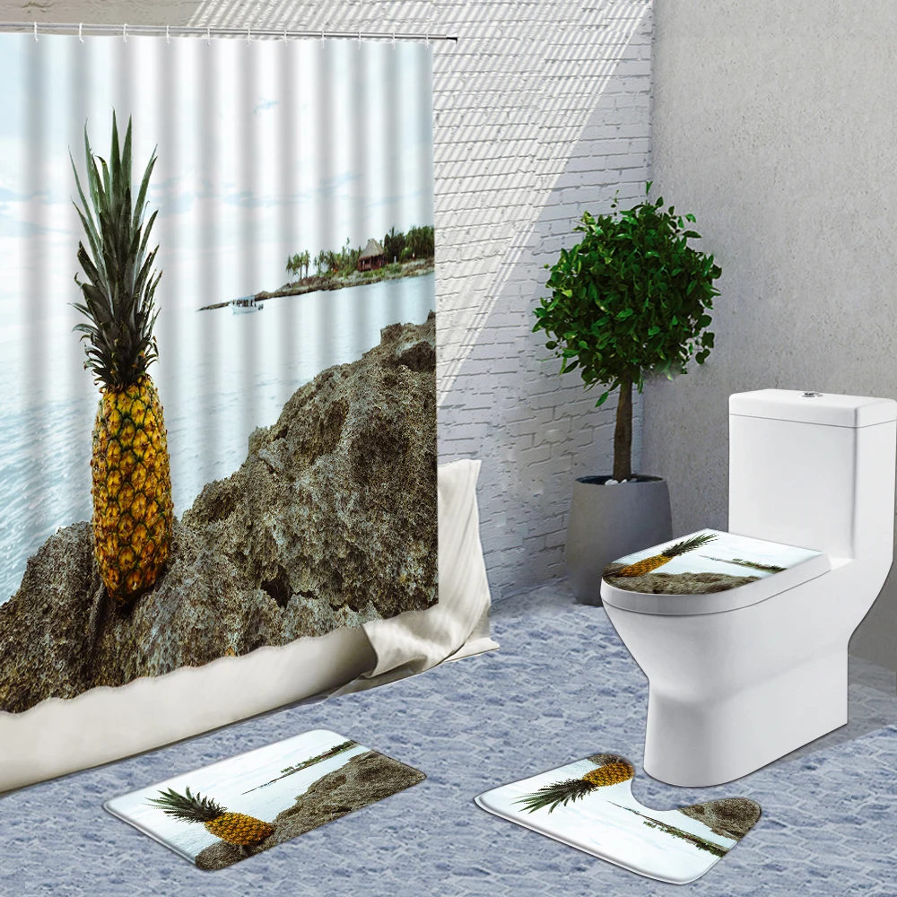 

3D Tropical Fruit Pineapple Shower Curtain Fabric 4-Piece Set Includes Non-Slip Mat Bathroom And Toilet Rugs Bathroom Supplies