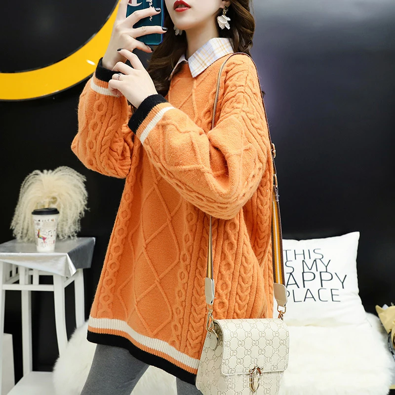 

Women's Pullover Autumn and Winter New Korean Student Sweater Diamond-shaped Twist Lazy Wind Loose Red Christmas Sweater Thick