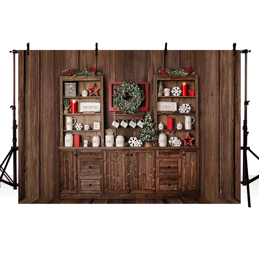Wooden Cupboard Christmas Kitchen Background Photography Backdrops Child Cooking Backdrop Photo Studio | Электроника