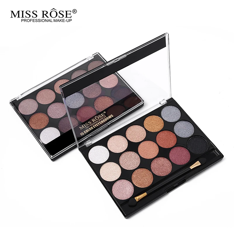 Палитра теней для век Miss Rose 15 цветов матовые мерцающие с бриллиантами |