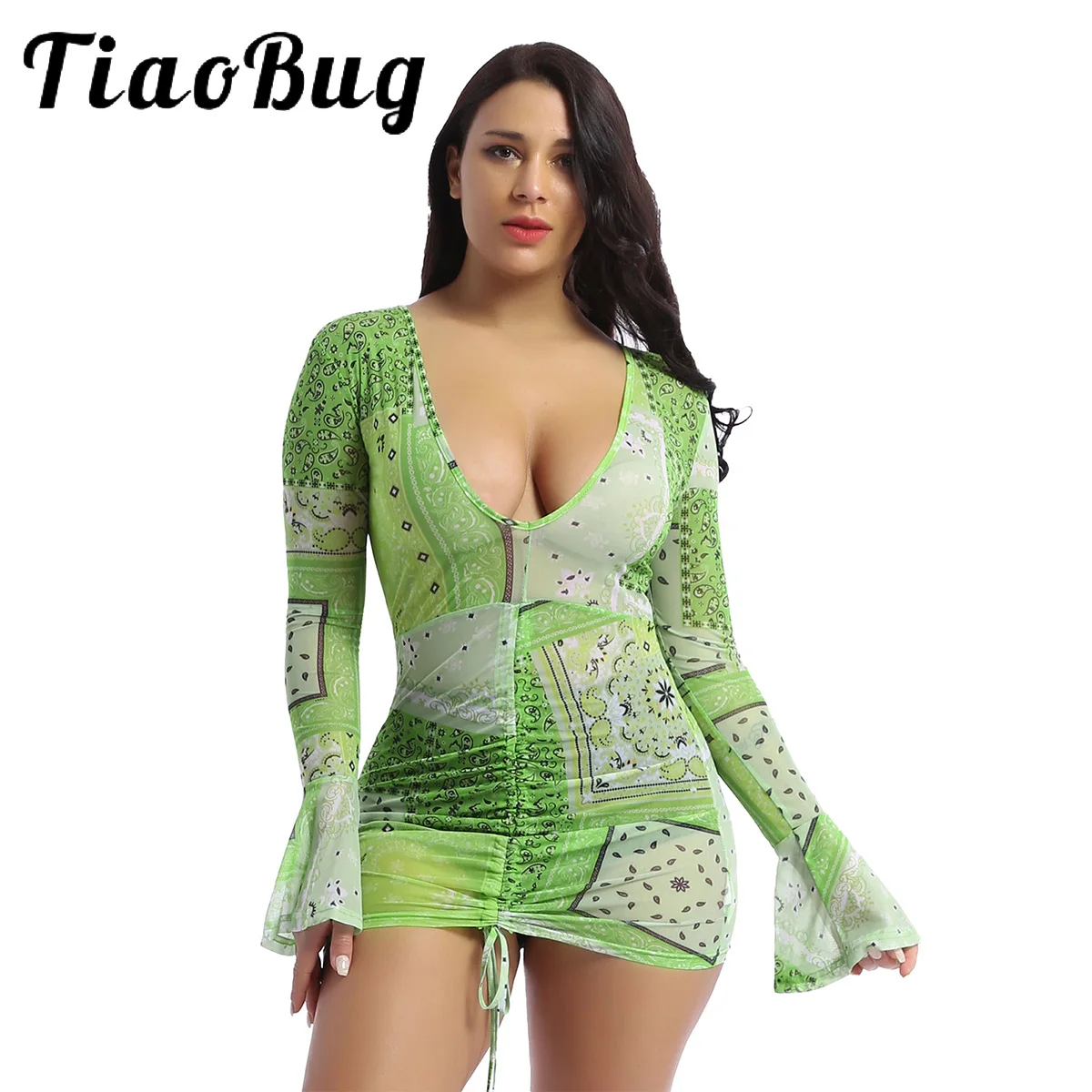 

Women Sexy Deep V Neck Mesh Mini Dress Paisley Print Shirring Flared Sleeve Bodycon Dresses Party Club Rave Outfit Robe Vestidos