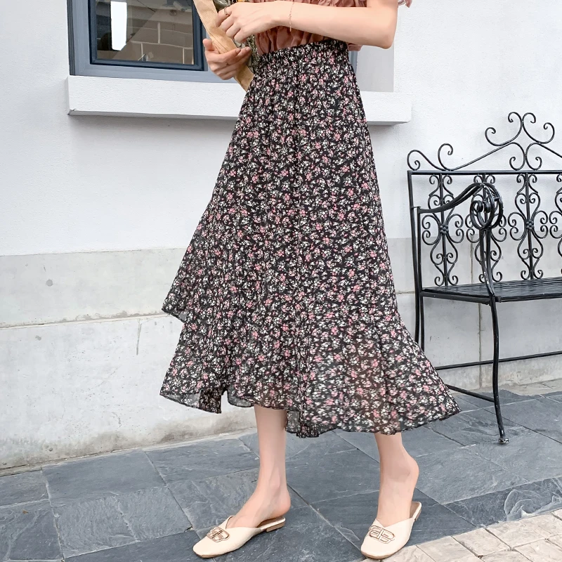 

Women's Skirt 2021 Summer Fashion Floral High Waist Mid-length A-line Chiffon Print Asymmetrical Mid-Calf Sweet Woman Skirts