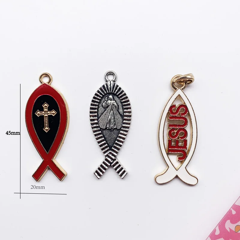 Религиозная эмалированная рыба Иисус Мэри Крест Шарм Модный кулон | Украшения и