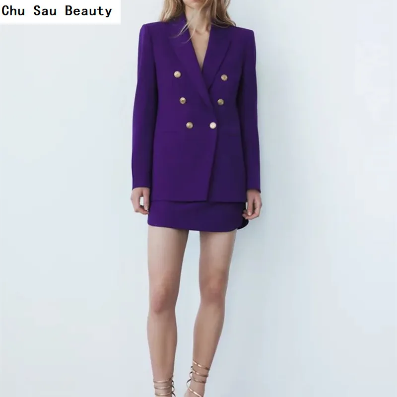 

New ZA Women's Autumn/Winter Double-Breasted Slim Trendy Purple Suit Coat + Fashionable Tight-Fitting Pleated Mini Skirt