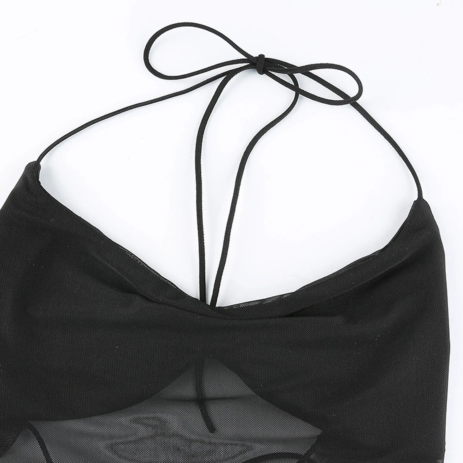

Women Sexy Solid Color Sling Mesh Gauze Pleated Open Back Lace Halterneck Tops