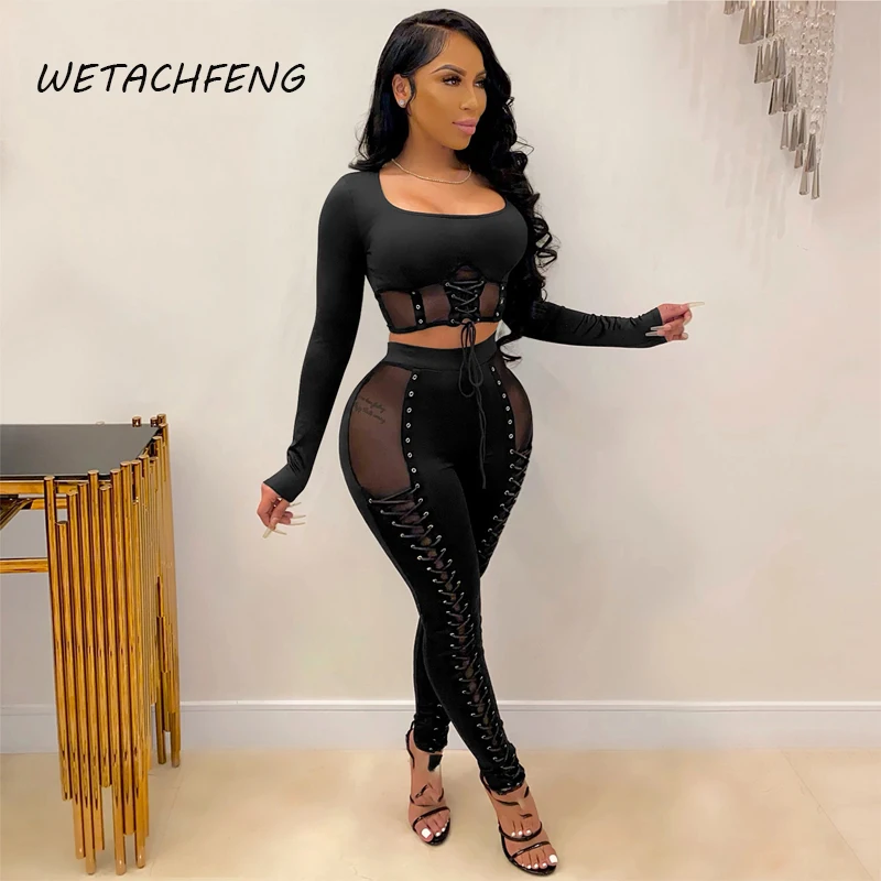 

Black Sexy Jumpsuits Mesh Lace Up Transparent Skinny Female Plus Size One Piece Outfits 2021 Spring Overalls For Women Clothing