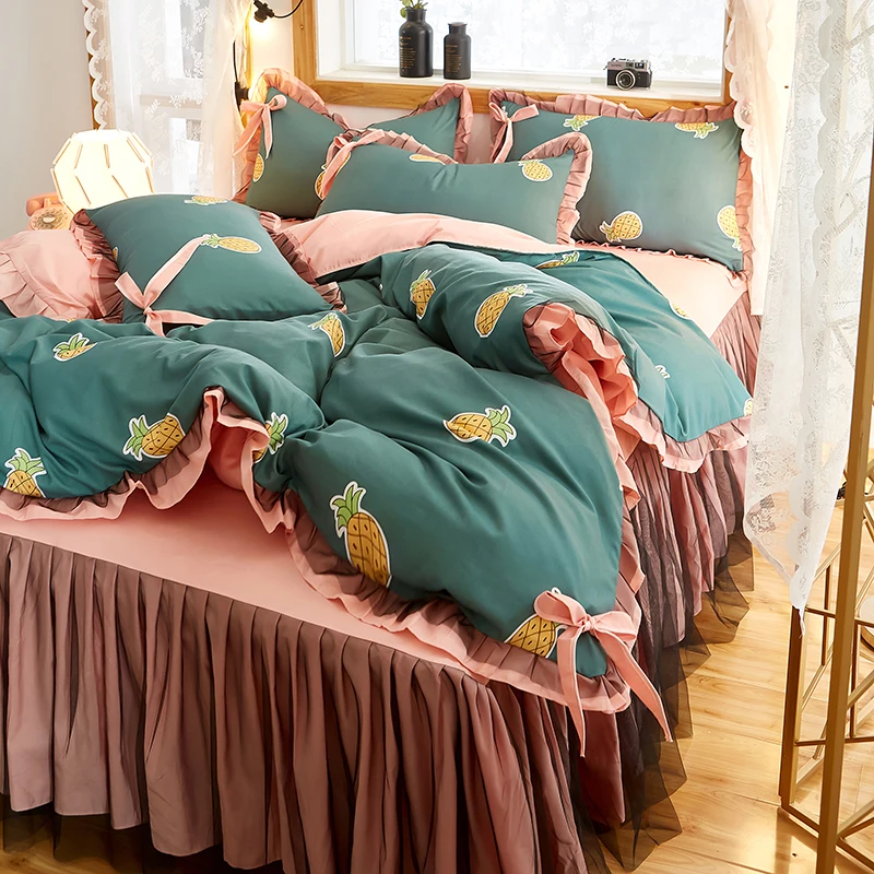 

Pineapple Bedding Set Full Queen King Bedspread princess Duvet Cover set Pillowcase girls lace pink bed skirt luxury bedclothes