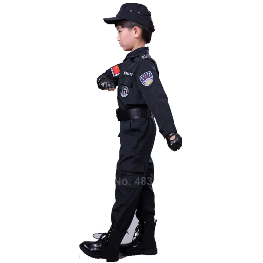 

Kids Boys Military Uniform Black Special Force Policemen Cosplay Costumes Halloween Security Set Christmas Gift Performance