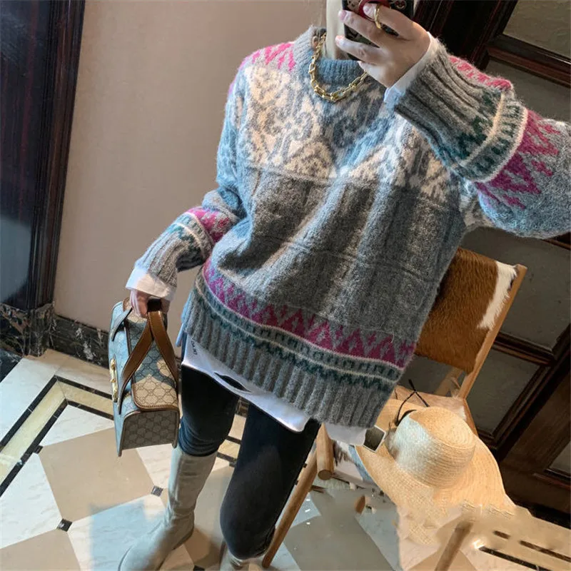 

Женский вязаный свитер с круглым вырезом, Свободный пуловер с винтажным принтом, джемпер, весна-осень-зима 2021