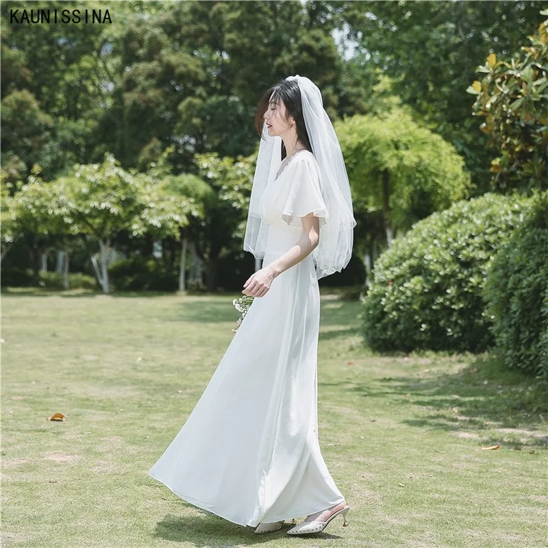 

KAUNISSINA Elegant V-Neck Beach Wedding Dresses Short Sleeve Boho White Bride Dress Cheap Wedding Gown Vestidos Customized Size